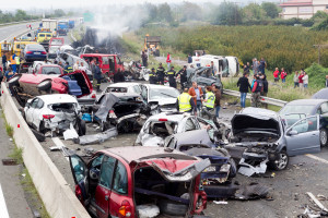 VERIA GREECE - OCTOBER 5 2014:A large truck crashed into a number of cars and 4 people were killed and many were injured in a multi-vehicle collision that occurred on Egnatia Odos.