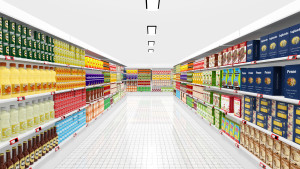 Supermarket interior with shelves and various products